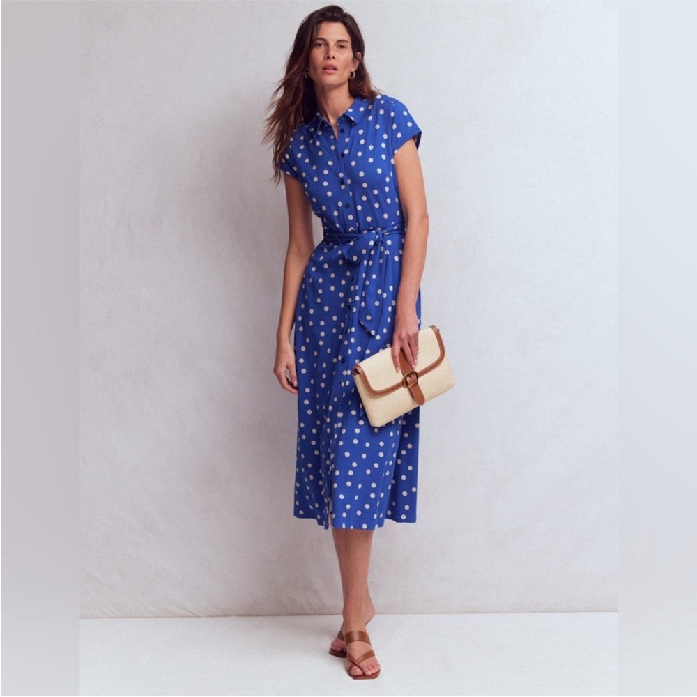 NWT Boden Marcia Jersey Shirt Dress in Bright Blue Painted Dot